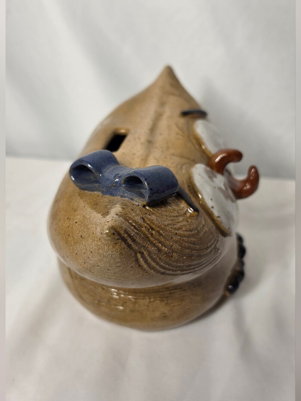 Vtg Studio Pottery Owl Coin Bank Speckled Ceramic Girl Figurine Bow 8" Big Eyes - Picture 5 of 9